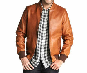 NOORA Mens Lambskin Leather Mango Tan Leather Biker Jacket| Bomber Jacket With Zipper & Pocket  | ST0125