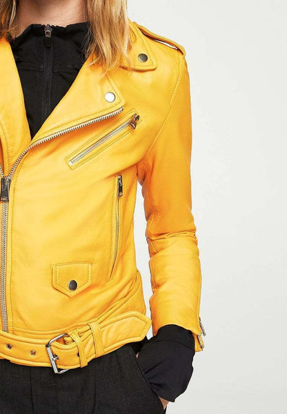 Noora Ladies Women Genuine Real Leather Slim Fit Yellow Biker Modern Jacket QD74