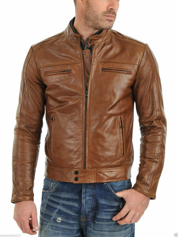 NOORA Mens Brown Leather Jacket ,Dark Brown Leather Jacket With Zipper & Pocket | Band Collar | Zip On Sleeves | ST0127