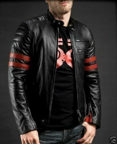 NOORA Men Retro Hybrid Black Leather Jacket with Red Stripe Vintage Black WA179