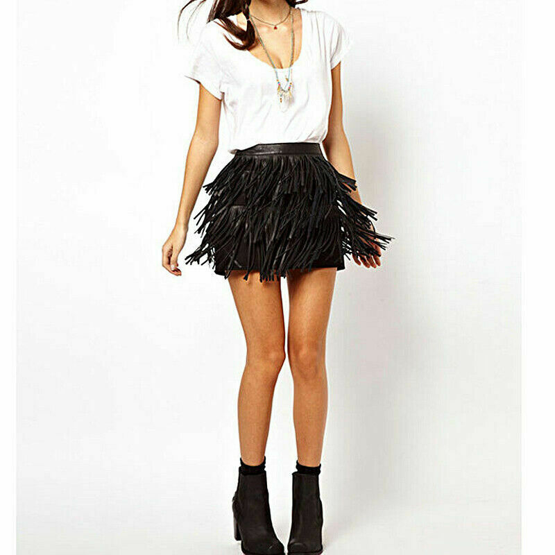 Noora Womens Lady High Waist Leather Fringe Tassel Evening Party Mini Skirt SK-6