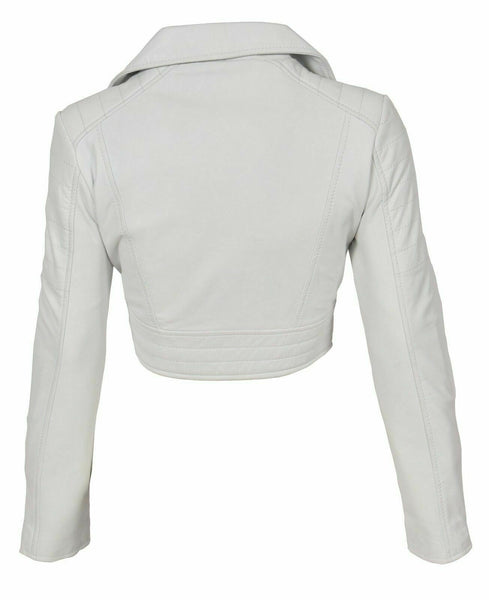 NOORA White Leather Womens Biker Jacket Short Cropped Fitted Sexy Bolero - WA499