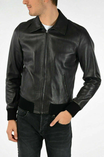 Noora Mens Black Bomber Leather Jacket With Branded YKK Zipper |  Black Biker Rider Bomber Leather Jacket SU0118