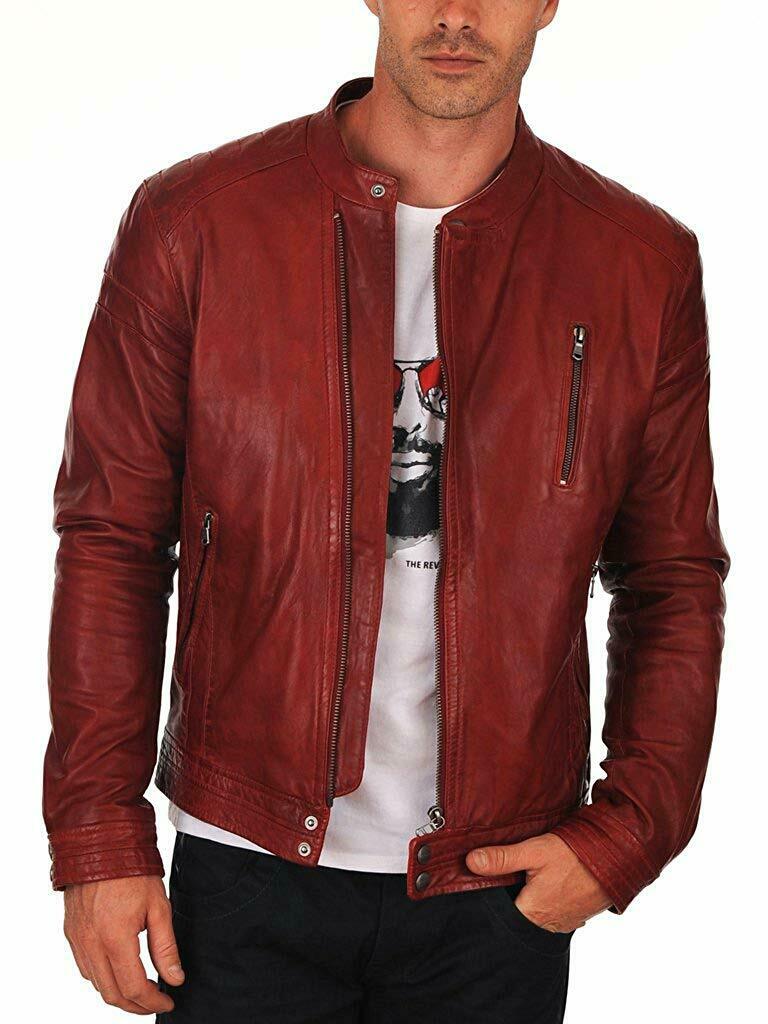 NOORA MEN Lambskin Red BIKER CAFE RACER REAL LEATHER SLIM FIT JACKET NI-30