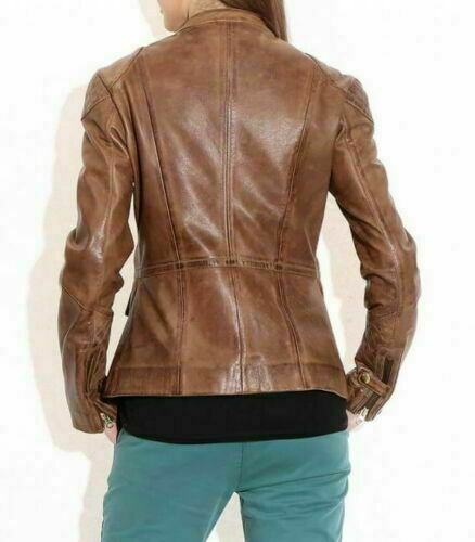 Noora Women Distressed Leather Jacket Vintage Style Fashion Casual Ladies Jacket