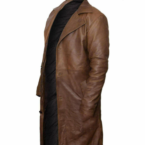 NOORA Men Genuine Lambskin Leather Trench Coat Winter Overcoat Long Jacket QD662