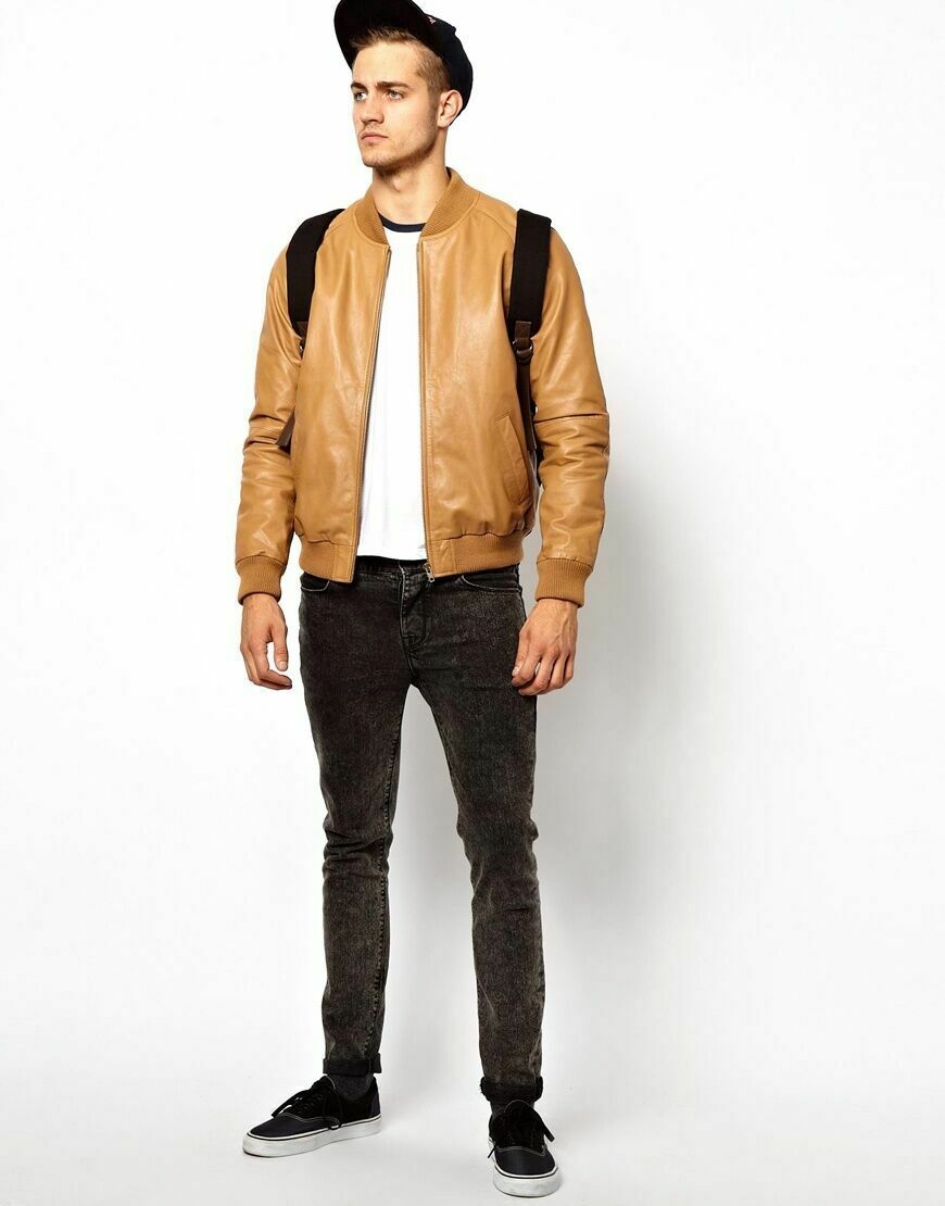 Noora Mens Tan Brown Bomber Biker Leather Jacket With Branded YKK Zipper | Western Style Cafe Racer Bomber Jacket