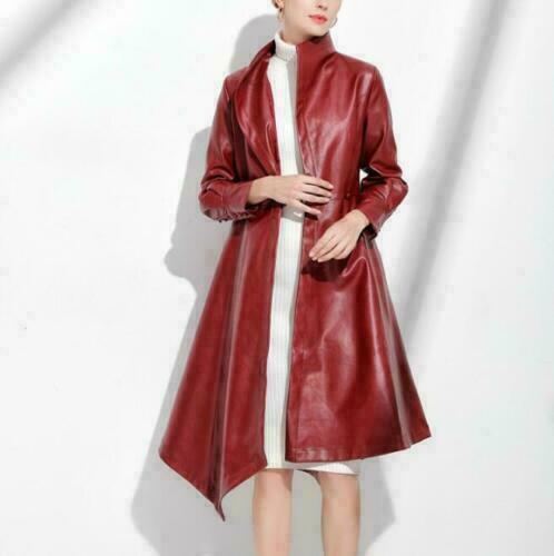 Noora Red Lambskin Leather Trench Coat  Slim Fit Red Trench Long Coat With Stand Collar, Christmas Gift