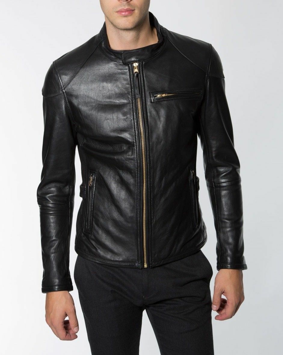 Noora Men's Genuine Lambskin Black Leather Jacket Slim fit Fall Biker Basic jacket S3