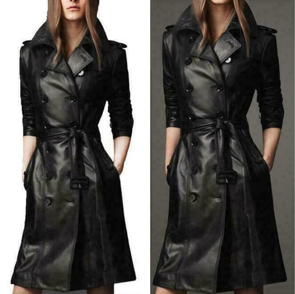 NOORA Ladies Leather Trench Coat Belt Windproof Knee Length Overcoat Jacket KN8