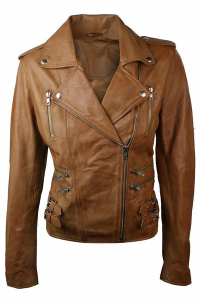 NOORA Ladies Women Leather Slim Fit Buckle Retro Tan Biker Leather Jacket BS-118