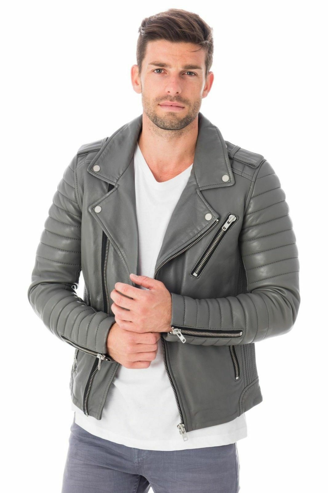 Noora Men Genuine Lambskin Grey Leather Motorcycle Coats Biker Jackets  BS-110
