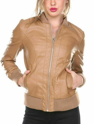 NOORA Women's Bomber Balero fashion Genuine Leather Short Ladies Beige color SP6