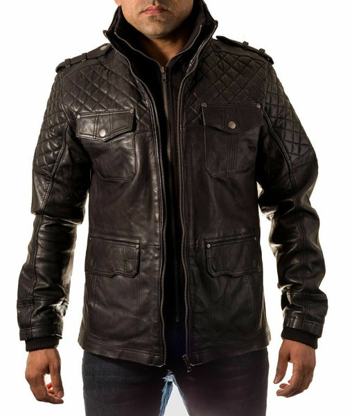 Noora Men Biker Black Leather Jacket Black Double Layered Collar & Zip Real Leather QD41