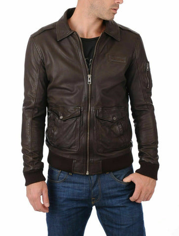 NOORa Mens Lambskin Brown Leather Biker Jacket ,  Bomber Jacket With Zipper & Pocket | Pocket On Sleeves | ST0122