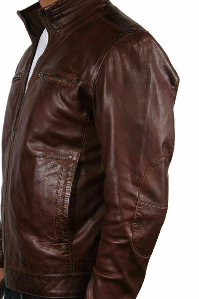 NOORA Mens Handmade Lambskin Brown Leather Biker jacket  With Zipper & Pocket | Band Collar | ST0130