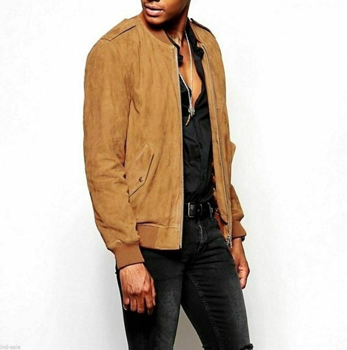 NOORA Mens Genuine lambskin Western wear Suede Leather bomber jacket BS-108