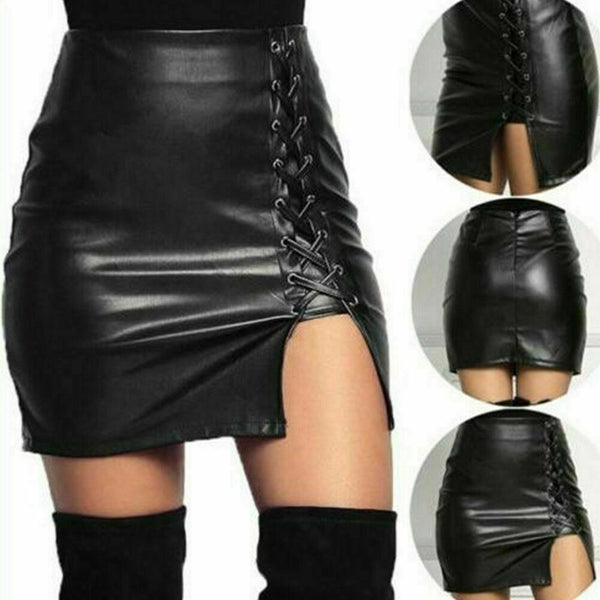 Noora Women High Waist Short Skirt Bodycon Lace Up Black Leather Mini SkirtSK-19
