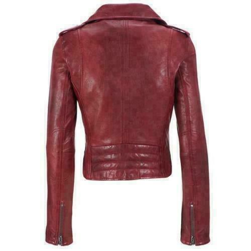 Noora Women Lambskin Red Leather Jacket Motorcycle Modern Jacket QD110