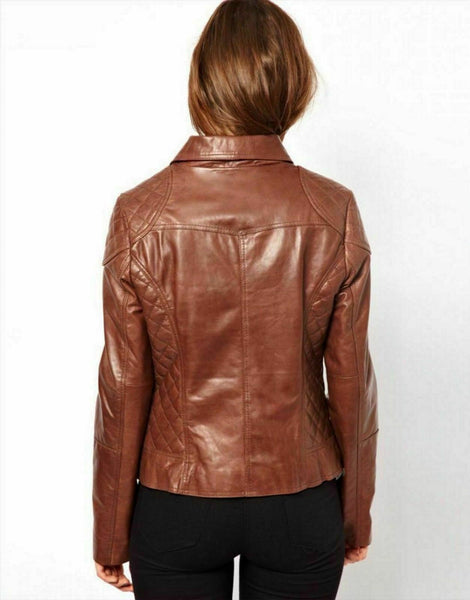 NOORA Women's Tan Superior Leather Biker Jacket Motorcycle Jacket Tan Brown SP7