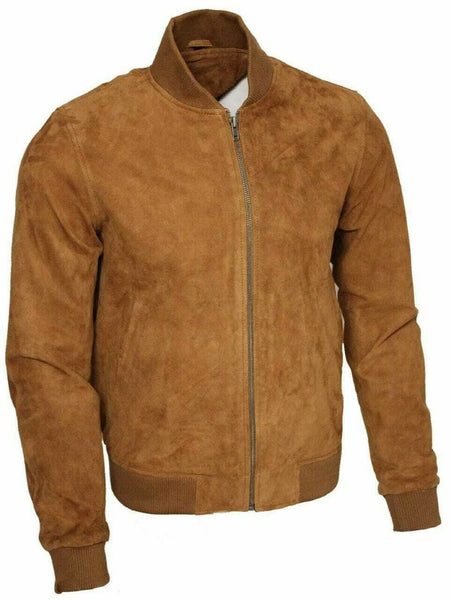NOORA New Mens Brown Fashion Cowhide Suede Bomber Lambskin Leather Jacket WA154