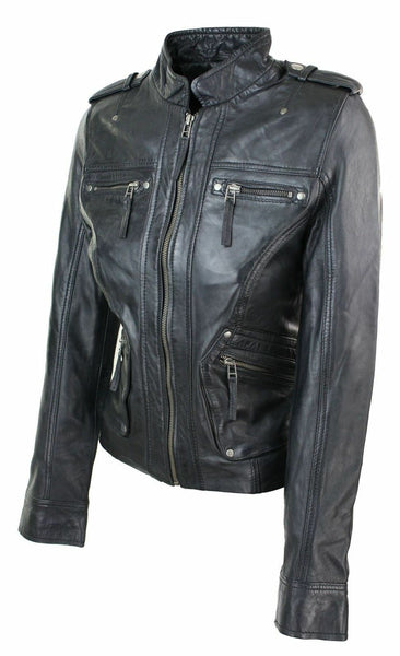 NOORA Ladies Women Genuine Real Leather Slim Fit Balck Biker Jacket BS-120