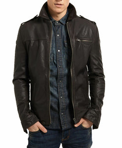 NOORA Mens Real Lambskin Black Leather Biker Jacket  With Zipper & Pocket  | Shoulder Strap | ST0126