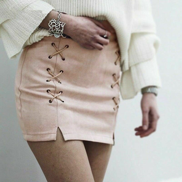 Noora Women Lace Up Leather Suede Pencil Skirt Cross High Waist Slim Fit  SK-101