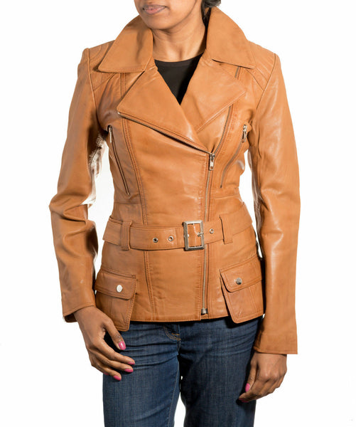 Noora Ladies Light Brown Leather Jacket Belted Military Retro BS-95