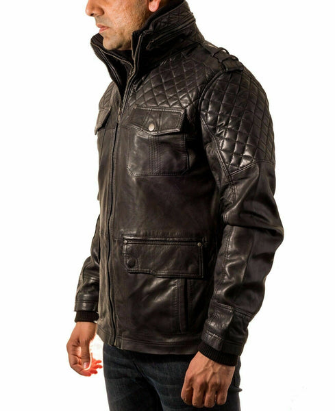 Noora Men Biker Black Leather Jacket Black Double Layered Collar & Zip Real Leather QD41