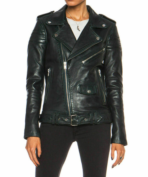 Noora Women Leather Jacket Black Slim Fit Biker Motorcycle lambskin Leather QD86