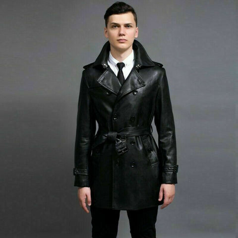 Noora Men's Leather Overcoat Jacket Trench Coat Belted Lapel Business Mid Long