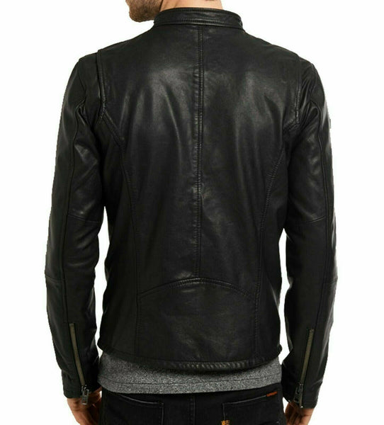 Noora Black Genuine Sheepskin Leather Jacket Men's Slim fit Biker Leather Black Jacket YK50