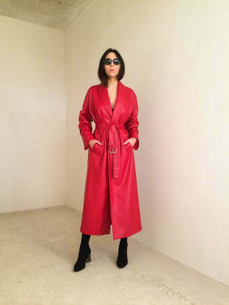 NOORA Red leather trench coat,70s leather coat, long leather coat,red Jacket