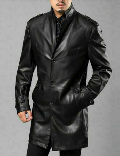 Noora Men Black Color Leather Trench Coat Genuine Lambskin Leather Jacket Long Trench SP#369