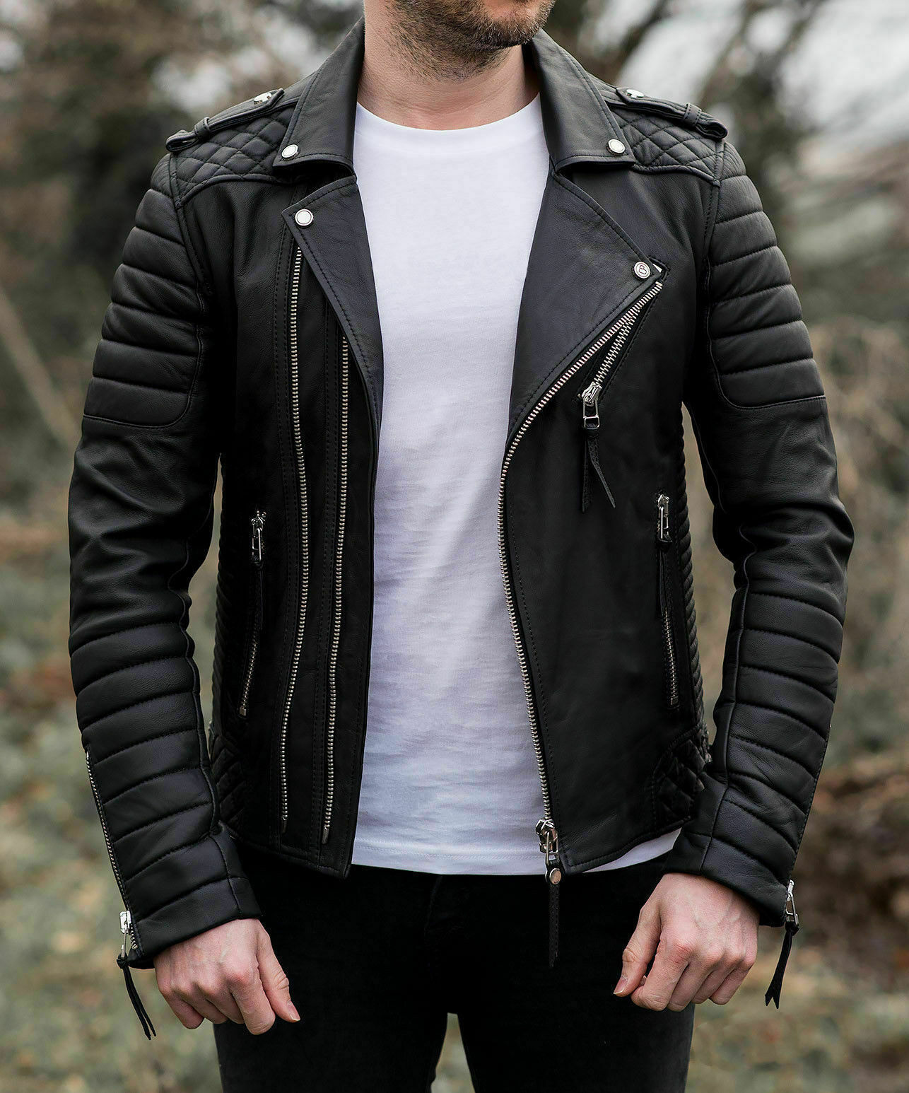 NOORA New Lambskin Men Black Leather Jacket | Slim Fit Motorcycle Jacket | Quilted Designer Jacket YK099