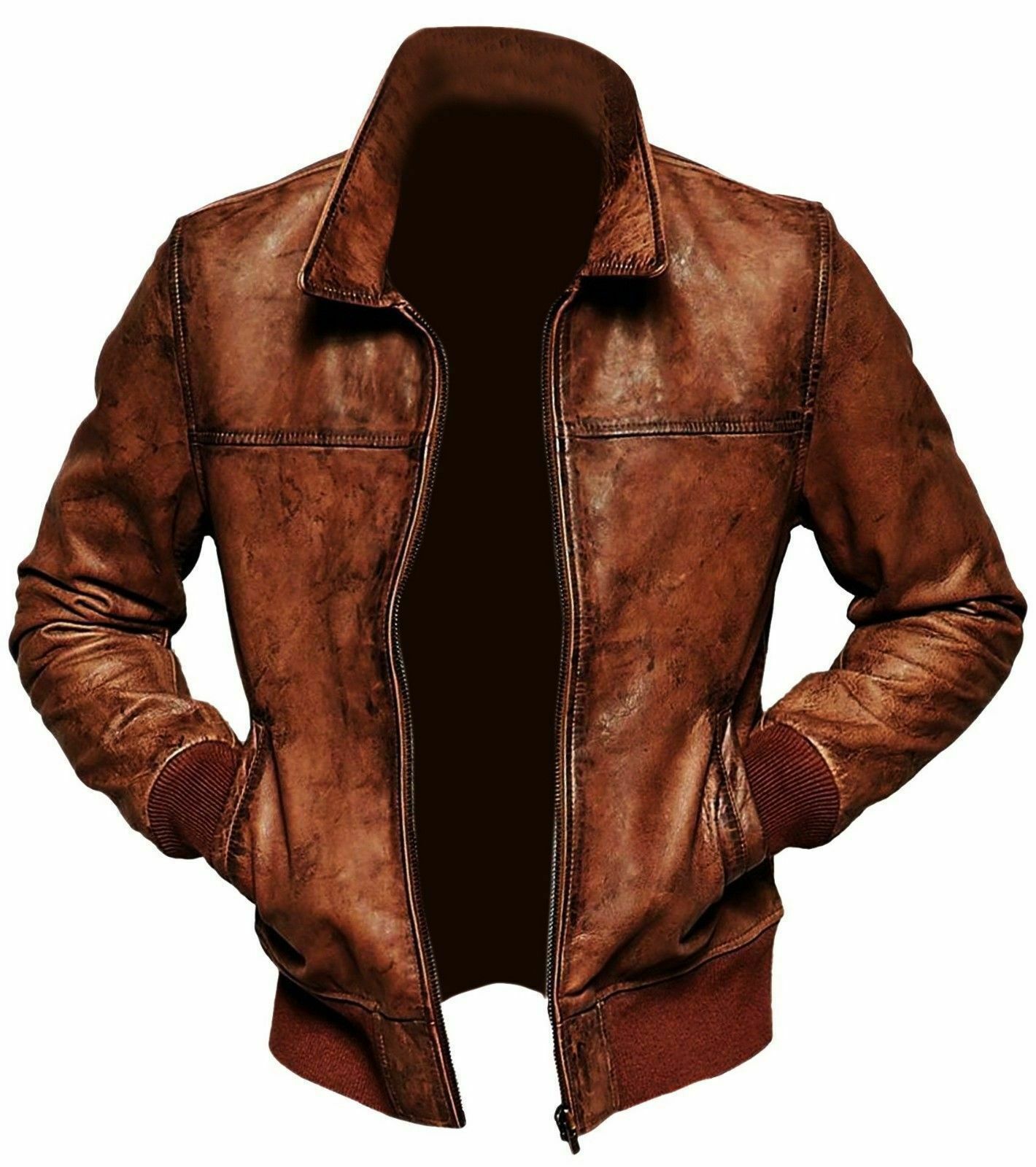 Men's Distressed Brown Bomber Leather Jacket with Hood