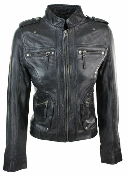 NOORA Ladies Women Genuine Real Leather Slim Fit Balck Biker Jacket BS-120