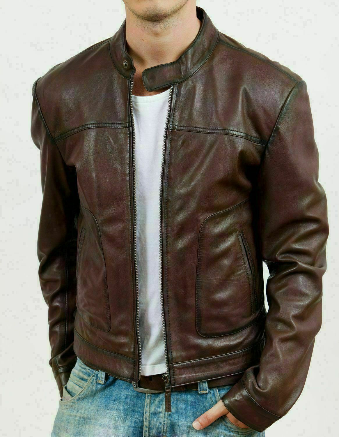 NOORA Men Wine Burgundy Leather Retro Zipped Biker Jacket Washed Soft Vintage S9