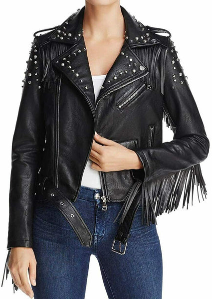 NOORA Women's Real Lambskin Leather Black Fringe Jacket With Zipper & Snap ST0216