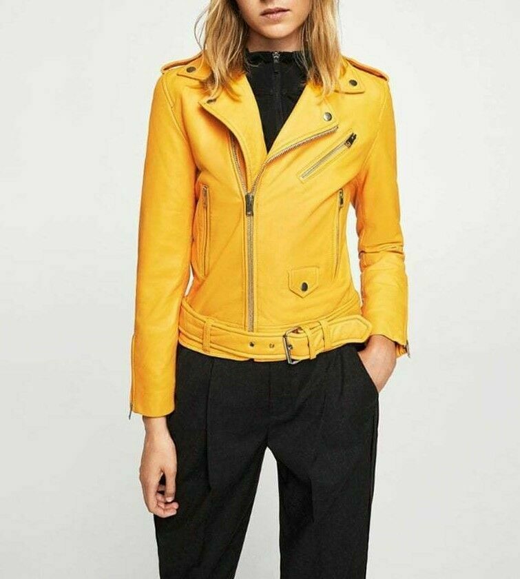 Noora Ladies Women Genuine Real Leather Slim Fit Yellow Biker Modern Jacket QD74