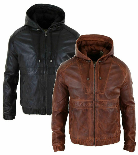 Noora Mens Black & Brown Hooded Leather Jacket With Branded YKK Zipper | Black Biker HOODED Leather Jacket |