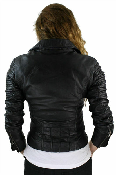 Noora Womens Ladies Real Soft Black Leather Racing Style Biker Jacket NEW L26