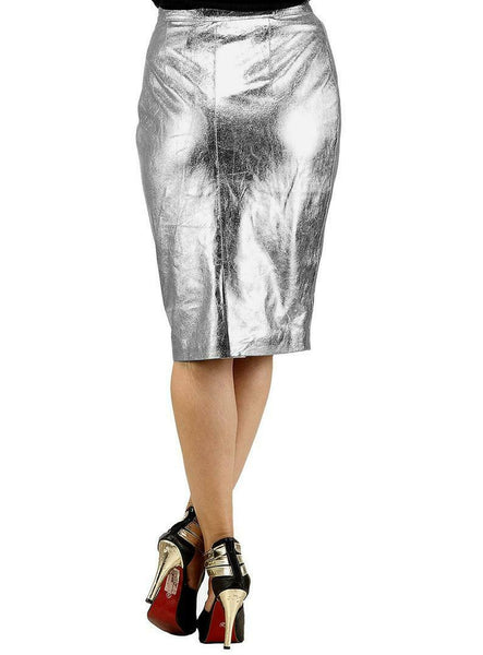 NOORA Women Leather Skirt Genuine Real Lambskin Leather Silver Knee Skirt QD829