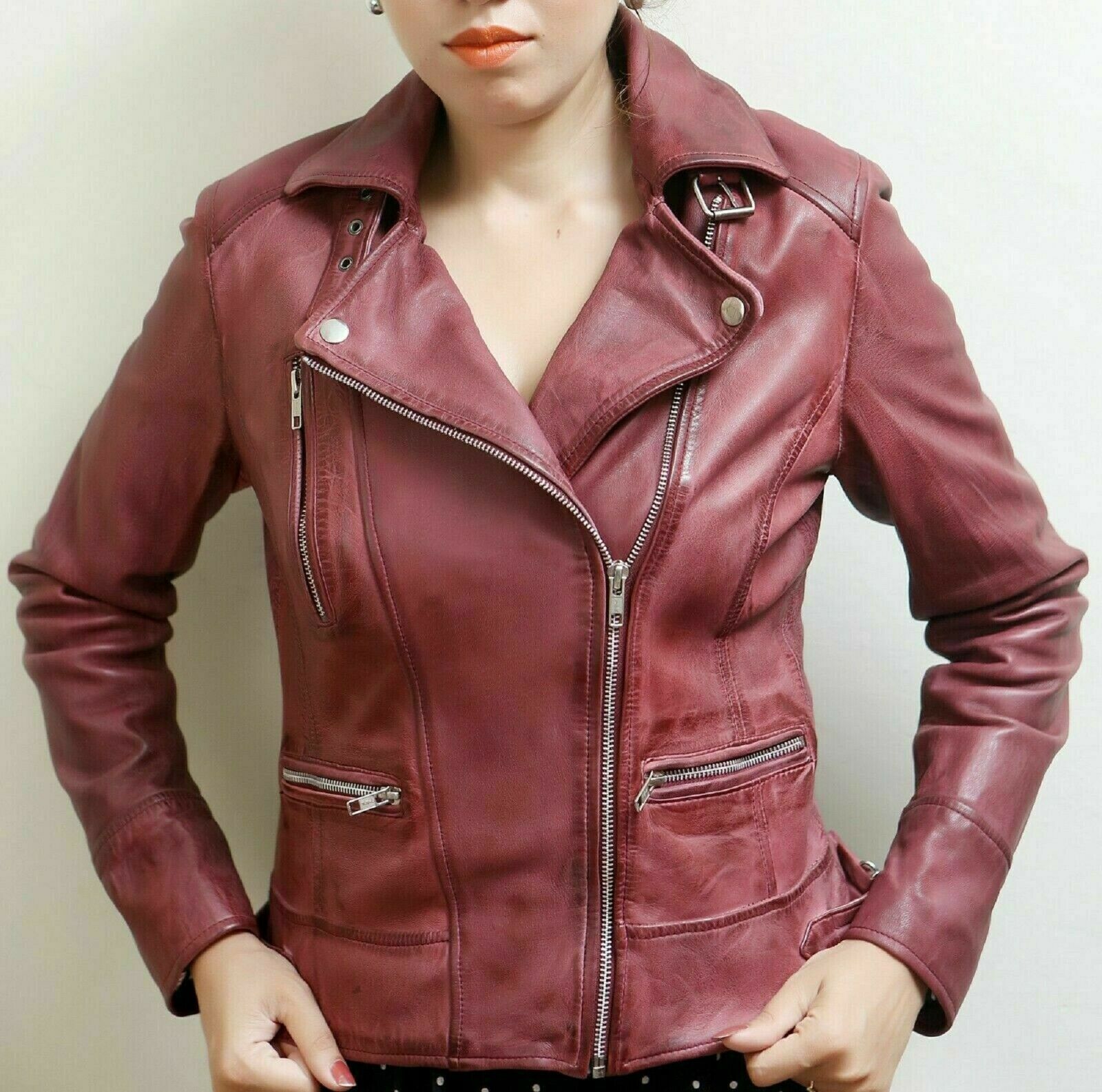 NOORA Women's 100% Genuine Real Maroon Biker Soft LambSkin Leather Jacket RS225