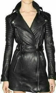 Noora Women Double Breasted Leather Black Trench Coat Length Classic Belted QD628