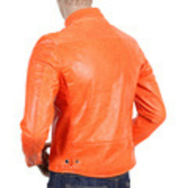 NOORA Fight Club Mens Hot ORANGE Hollywood Film Style Leather Reefer Jacket QD47