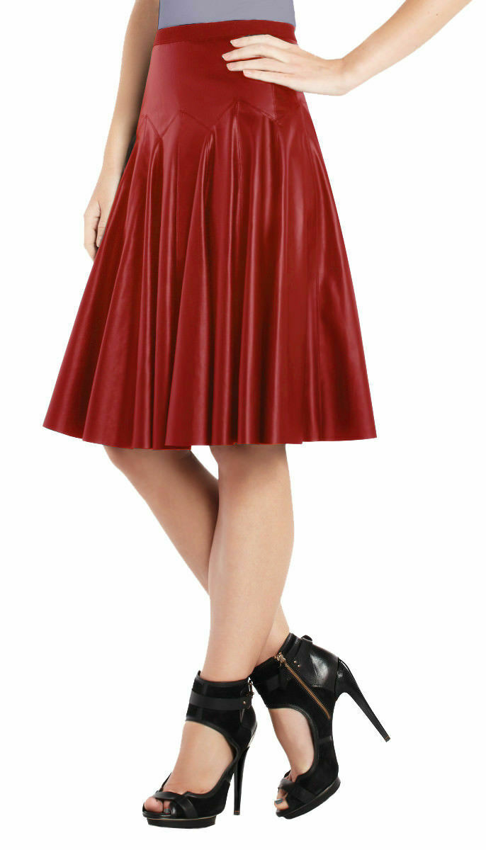 Noora Women Genuine Lambskin Red Leather Knee length Skirt Short Sexy skirt SP58