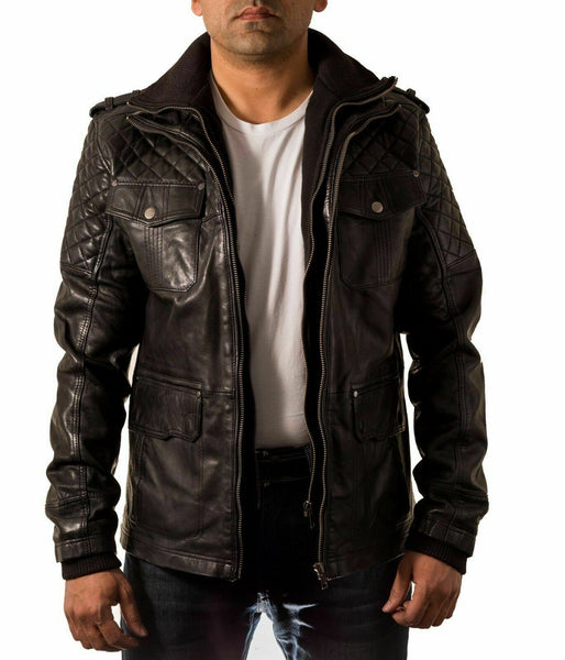 Noora Men Biker Black Leather Jacket Black Double Layered Collar & Zip Real Leather QD41