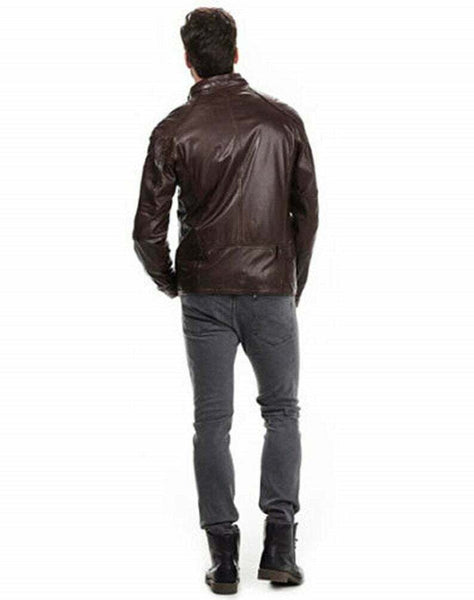 NOORA Mens Brown Leather Quilted Safari Double Collar Zipped Long Jacket QD45